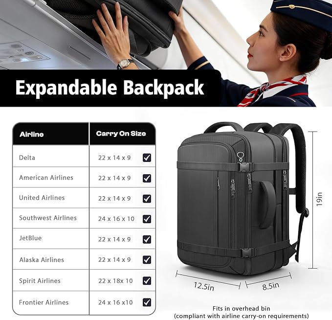 Travel Backpack,40-50L Expandable Carry On Backpack with USB Cable Port Fits 17.3 Inch Laptop Bag,Water Resistant Weekender Bag Men Women for Business Trips, College,Hiking,Daily Commuting,Black