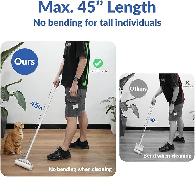Large Lint Rollers for Carpet, Sticky Rollers for Floor DELOMO 9.45 in with 3 Extendable Handle, Long Handle Sticky Mop for Cleaning Carpets, Cars, Bedding, Couches, and Pet Hair