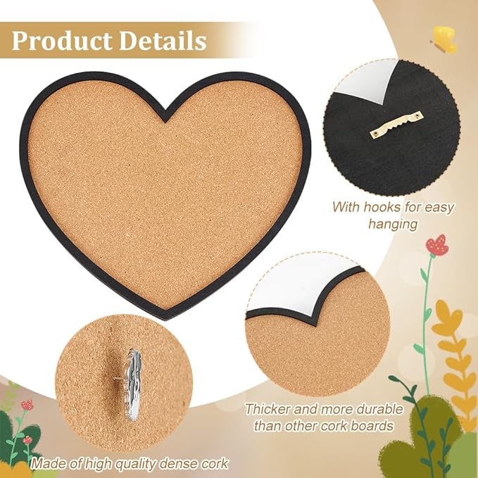 BENECREAT Pin Board Heart Cork Board Bulletin Display Board, 0.6inch Thick Wall Mounted Cork Board for Brooch Pin Storage, Office Home Festival Valentine's Decor, 11.8x10.2inch
