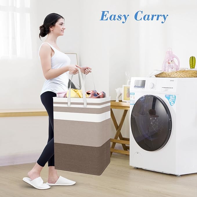 BlissTotes 3-Pack Laundry Basket, Freestanding＆Waterproof Laundry Hamper, Collapsible Tall Clothes Hamper with Easy Carry Handles for Clothes, Towels in the Family and Dorm,Gradient Khaki,75L