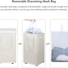 DOKEHOM 90L X-Large Laundry Basket with Removable Wash Bag on Wheels, Collapsible Rolling Laundry Hamper, Foldable Clothes Organizer, Folding Washing Bin (Beige)