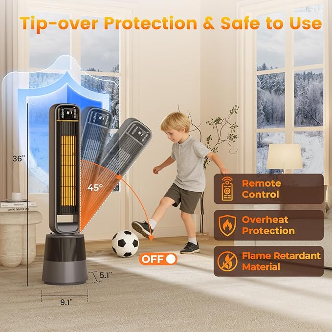 VCJ 36" Space Heaters with Humidifier, 12H Timer Electric Heater for Indoor Use, Remote, 150° Oscillation, Overheat & Tip-Over Protection, Quiet Portable Tower Heater for Bedroom Living Room Garage