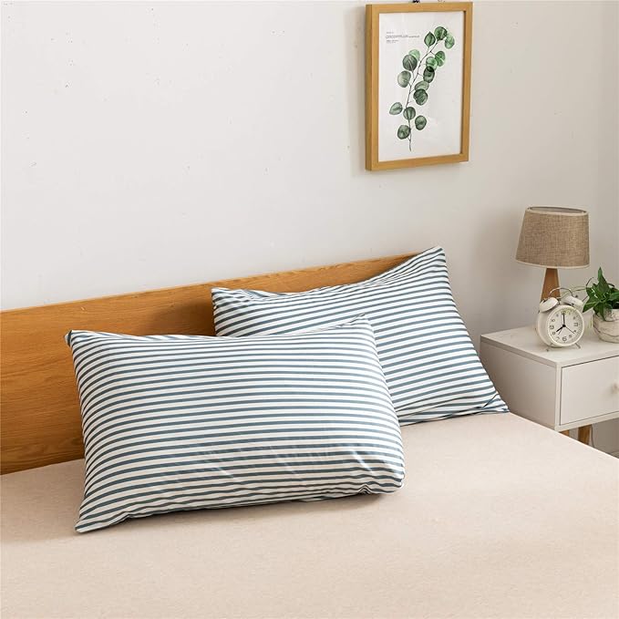 JELLYMONI 100% Natural Cotton 3pcs Striped Duvet Cover Sets,White Duvet Cover with Grayish Blue Stripes Pattern Printed Comforter Cover,with Zipper Closure & Corner Ties(Queen Size)