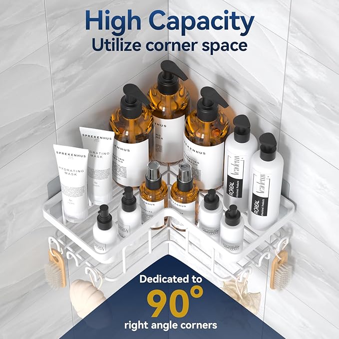 YASONIC Corner Adhesive Shower Caddy, with Soap Holder and 12 Hooks, Rustproof Stainless Steel Bathroom Organizer, No Drilling Wall Mounted Rack, White, 3-Pack