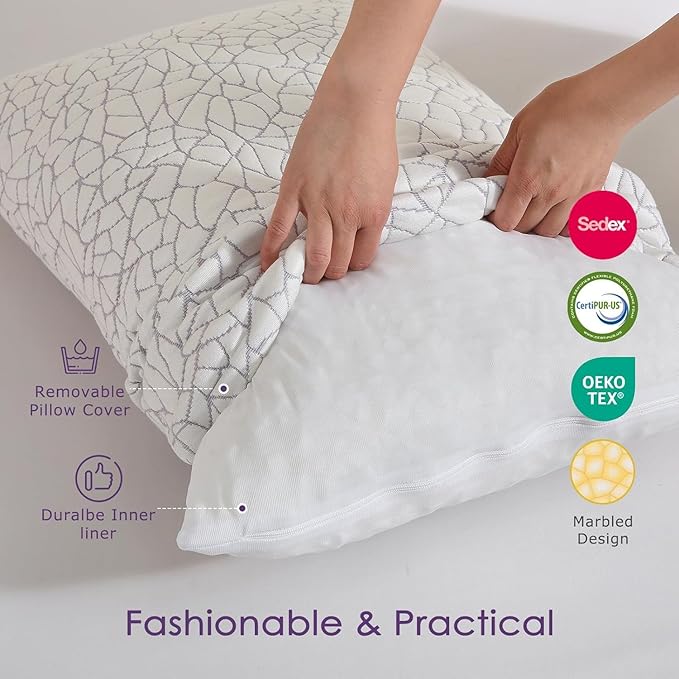 Cooling Shredded Memory Foam Pillow Queen Size Set of 2- Removable Bamboo Rayon Cover + Extra Gel Foam, 100% Adjustable for Back/Side/Stomach Sleepers, Oeko&CertiPUR-US Standard
