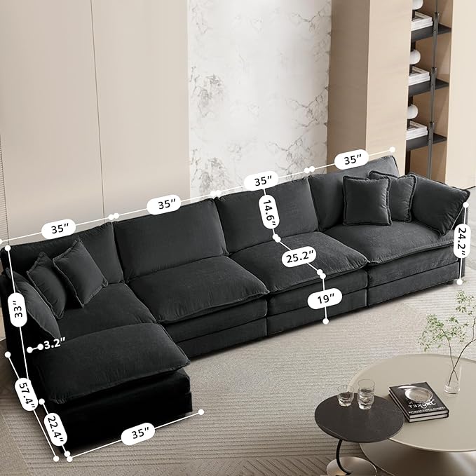 SoarFlash Chenille Sectional Sofa, Comfy L Shaped Modular Coush Sofa with Ottoman, Modern 4 Seat Couch Deep Seat Sofa Set for Living Room,Grey