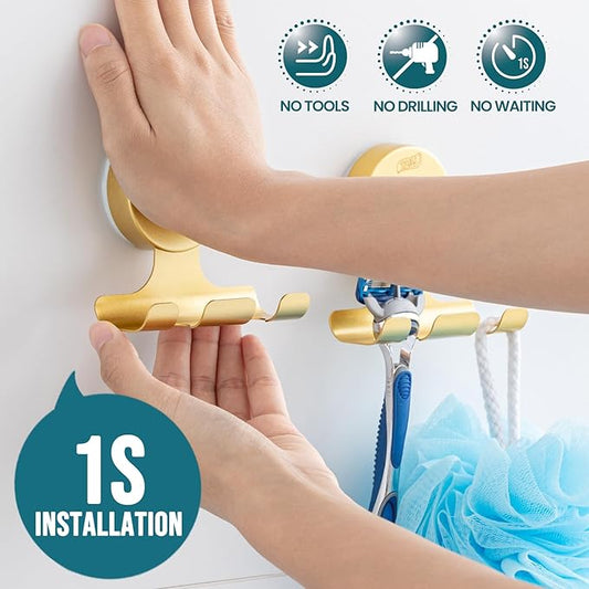 TAILI 2 Pack Powerful Suction Cup Razor Holder, 304 Stainless Steel Bathroom Suction Hooks for Towel, Loofah, Bathrobe, Stylish Shaver Holder for Shower Wall, Easy to Install and Reuse, Gold