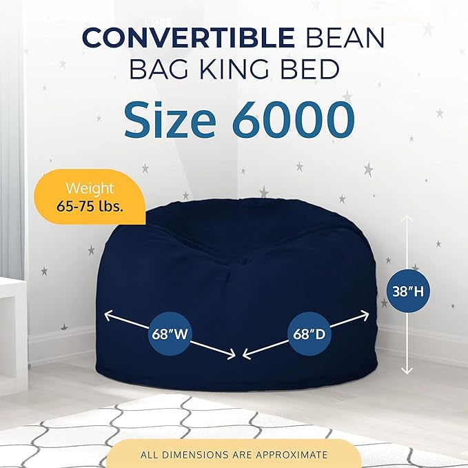 Ultimate Sack 6000 6-Foot Bean Bag Chair, Navy Fur Cover – Oversized Foam Lounger, Floor Seat, Small Sofa, or Couch Bed for Living Area, Gaming Room, or Reading Lounge