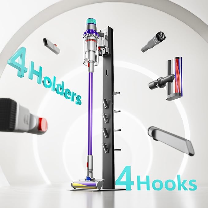 Vacuum Cleaner Stand, Compatible with Dyson Gen5 V15 V12 V11 V10 V9 V8 V7 V6, Floor Cordless Vacuums Attachment Holder with 4 Hooks and 4 Shelves, Metal Storage Bracket Organizer, Black