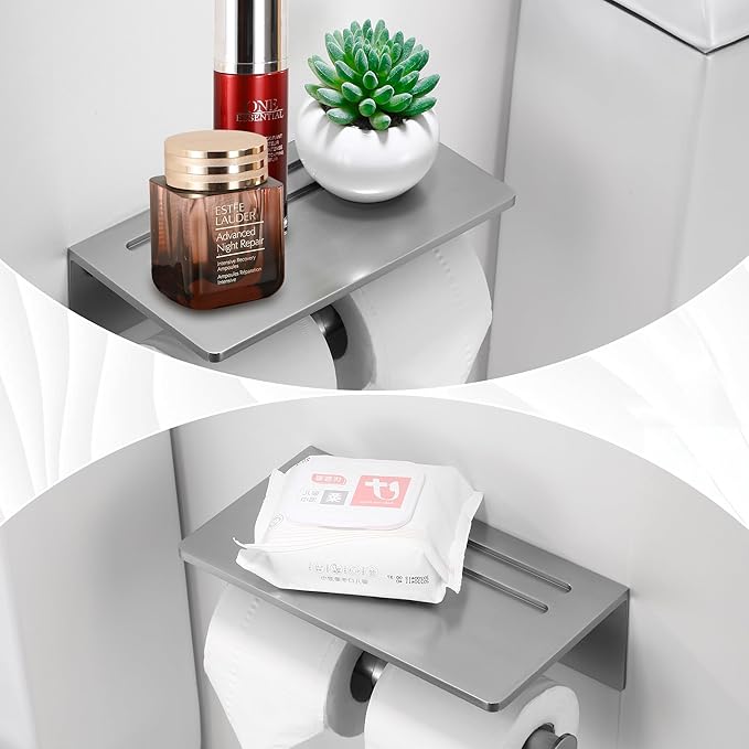 Toilet Paper Holder - Aluminium Double Roll Toilet Tissue Holder with Mobile Phone Shelf for Bathroom, 3M Self Adhesive No Drilling or Wall-Mounted, Rustproof Modern Style Brushed Nickel