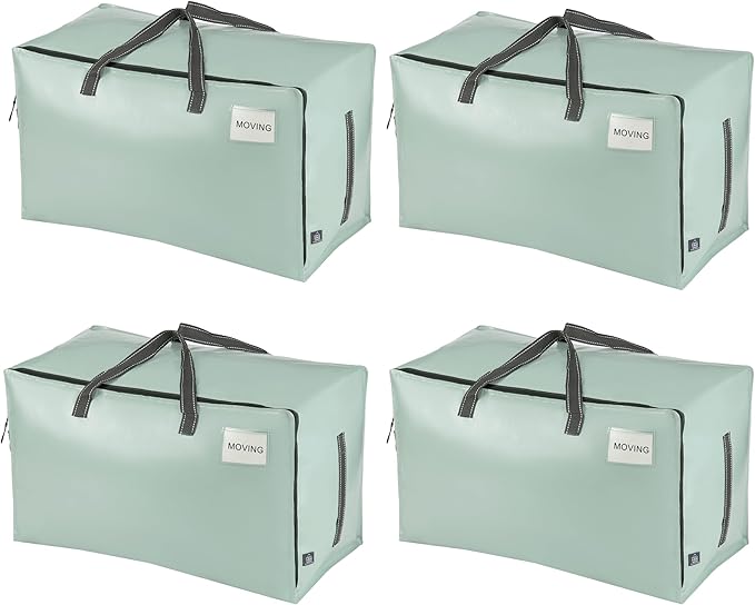 VENO 4 Pack Moving Bags and Large Christmas Decoration Storage Bins with lids. Alternative to Moving Boxes, Packing Supplies for College. Heavy Duty Totes (Shiny Light Green, 4 Pack)