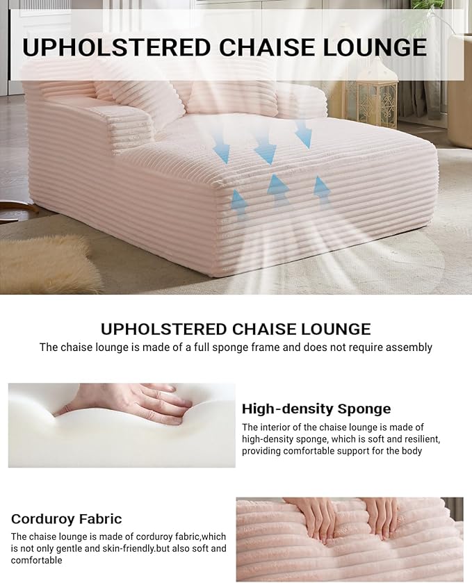 50 Inch Chaise Lounge Chair Indoor, Oversized Corduroy Upholstered Boneless Sofa Bed, Deep Seat Sleeper Couch Reading Chairs, Cloud Sofas Couches for Living Room, No Assembly Required (Pink)