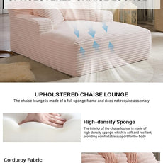 50 Inch Chaise Lounge Chair Indoor, Oversized Corduroy Upholstered Boneless Sofa Bed, Deep Seat Sleeper Couch Reading Chairs, Cloud Sofas Couches for Living Room, No Assembly Required (Pink)