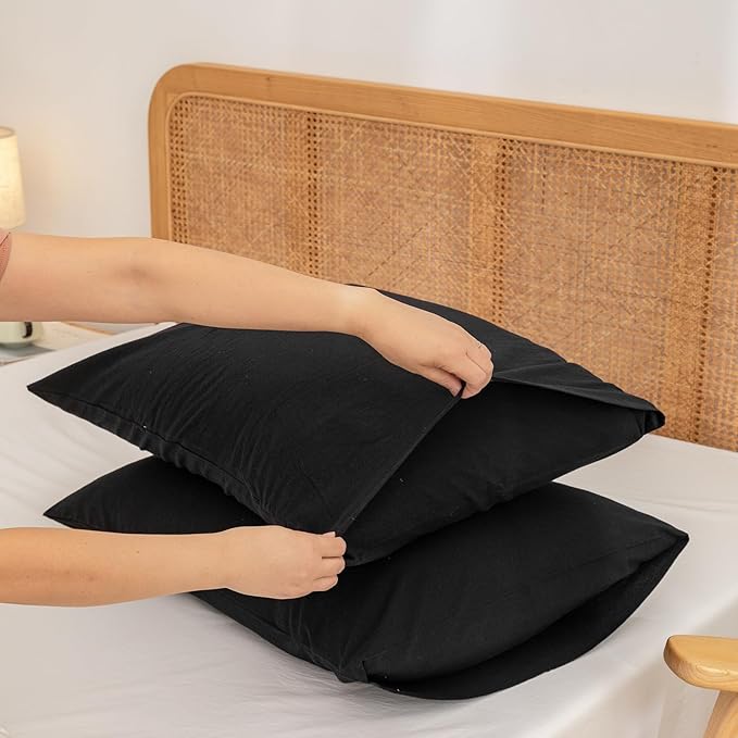 BESTOUCH 100% Washed Cotton Pillowcase for Hair and Skin Linen Feel Soft Comfortable Breathable 2 Set Pillow Case with Envelope Closure Solid Deep Dark Black King 20x36 Inches