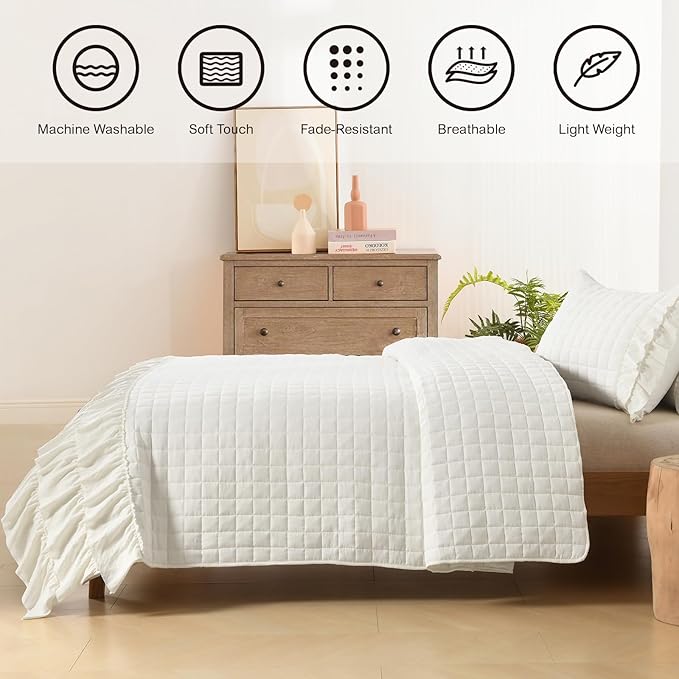 HORIMOTE HOME Ivory Ruffled Quilt Set Twin Size, Classic Geometric Square Stitched Pattern, Pre-Washed Farmhouse Shabby Chic Microfiber Lightweight Bedding Set Bedspread Coverlet for All Season