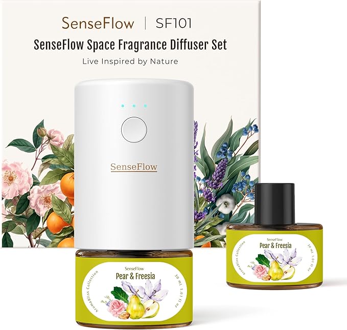 SF101 Waterless Ultrasonic Essential Oil Diffuser–100% Plant-Based,120-Day Natural Air Freshener & Aromatherapy Diffuser for Home,Hotel,Studio–Covers up to 100㎡-Pear & Freesia