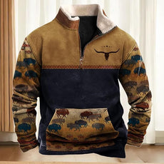 Western Sweatshirts for Men Aztec Cowboy Vintage Graphic Fleece Hoodie Mens Quarter Zip Pullover Country Jacket