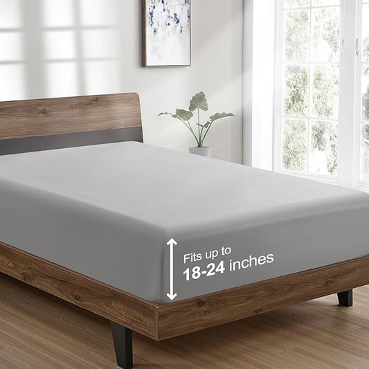 FreshCulture Queen Fitted Sheet Only - Hotel Quality Ultra Soft & Breathable Brushed Microfiber Fitted Sheet with 21 Inch Deep Pockets - Fits Queen Size Bed (Light Grey)