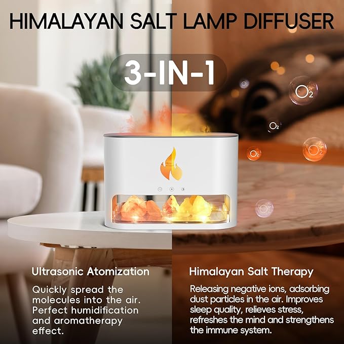 Essential Oil Diffuser, Fireplace Fire Flame Aromatherapy Diffuser, 250ml Himalayan Salt Lamp Scent Diffuser, Cool Mist Humidifier with 7 Colors Light, Timer & Auto-Off for Home, Room (White)