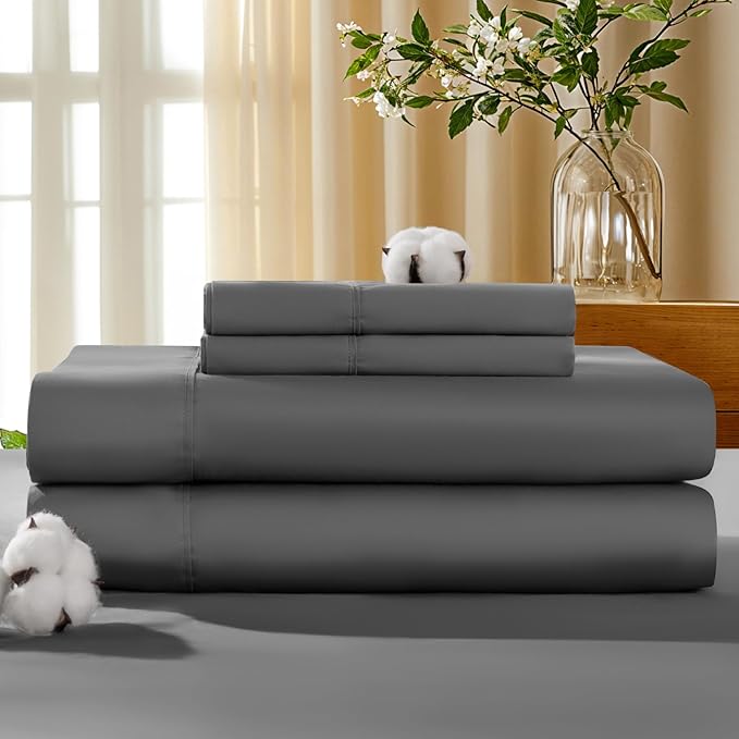 LBRO2M 100% Cotton Sheets Set Deep Pocket 19", 1000 Thread Count California King Size 4 Piece Bed Sheet Sets Soft Comfortable Bedding All Season (California King, Dark Grey) LBRO2MBedding