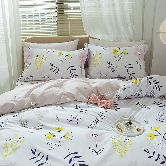 mixinni Garden Style Floral Duvet Cover Queen Size Teenage Girls Flower Leaf Print 3pc Soft Cotton Bedding Set Comforter Cover with Zipper Ties Perfect for Girls- (3pcs, Queen Size)