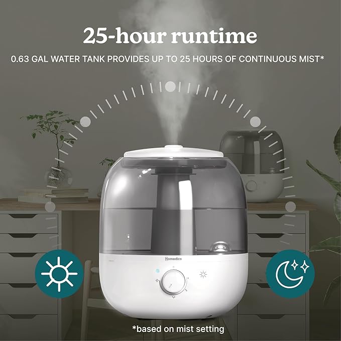 Homedics Ultrasonic Top Fill Humidifier, Cool Mist, 360° Nozzle, Up to 25 Hour Runtime, for Large Room, Bedroom, Nursery, Plants