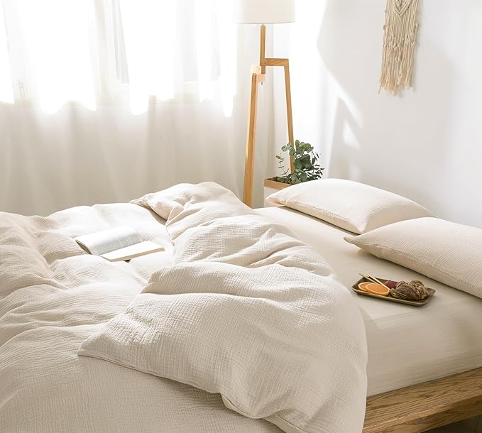 VM VOUGEMARKET Beige Duvet Cover Queen Size - 3 Pieces Muslin Cotton 3-Layer Guaze Textured Bedding Set,Includes 1 Duvet Cover 90x90 Inches with Zipper Closure & 2 Pillowcases