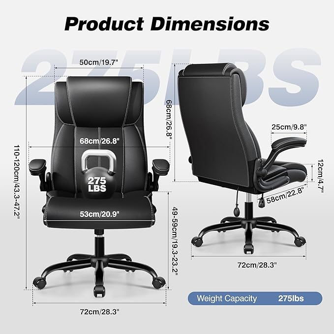 Ergonomic Office Chair - Desk Computer Chair, Leather High Back Executive Chairs with Adjustable Lumbar Support & Flip Up Arms, Rocking, Black