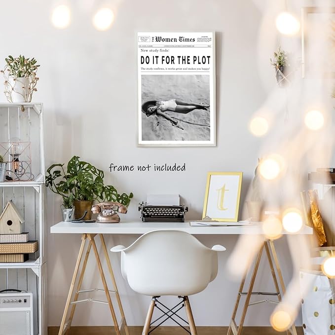 Vintage Women Times Do It for The Plot Wall Art Trendy Black and White Canvas Print Poster Vintage Woman Times Newspaper Prints Beachy Hot Girl Wall Decor for Bar Cart Girls Dorm Bedroom 24x36inch Unframed