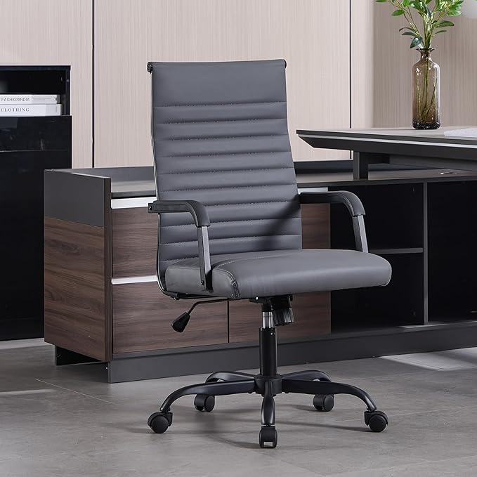 Office Chair, Ergonomic Executive Conference Room Chairs, Ribbed Leather Desk Chair with Lumbar Support, Adjustable Height Mid-Back Swivel Chair with Padded Seat and Square Tube Armrests