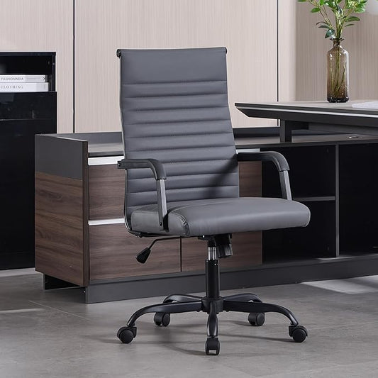 Office Chair, Ergonomic Executive Conference Room Chairs, Ribbed Leather Desk Chair with Lumbar Support, Adjustable Height Mid-Back Swivel Chair with Padded Seat and Square Tube Armrests