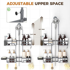 REINHARDT Adjustable Shower Caddy Hanging Split Shower Caddy for Handheld Showerheads, Rustproof Shower Organizer with Hooks for Razors Over the Head Caddy with Soap Holder Bathroom Accessories, Grey