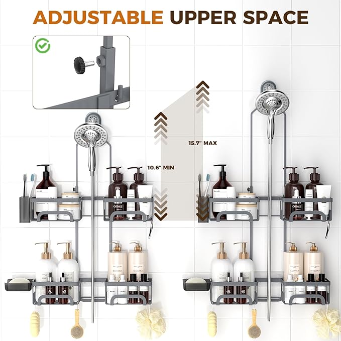 REINHARDT Adjustable Shower Caddy Hanging Split Shower Caddy for Handheld Showerheads, Rustproof Shower Organizer with Hooks for Razors Over the Head Caddy with Soap Holder Bathroom Accessories, Grey