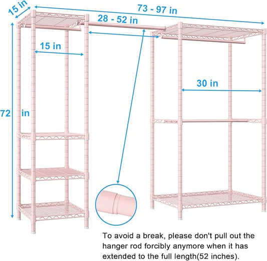 Ulif E10 Clothes Rack（With Stretchable Hanger Rod）Freestanding Clothing Racks for Hanging Clothes，Adjustable Closet Organizer System，Portable Garment Rack 73-97"W x 15" D x 72" H，Max Load 800LBS，Pink