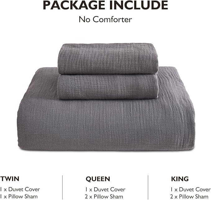 EMME Muslin Cotton Duvet Cover Set Dark Grey King Size Linen Like Soft Breathable Lightweight Summer Comforter Cover Set with Zipper Closure (Dark Grey, King, 104"x90")