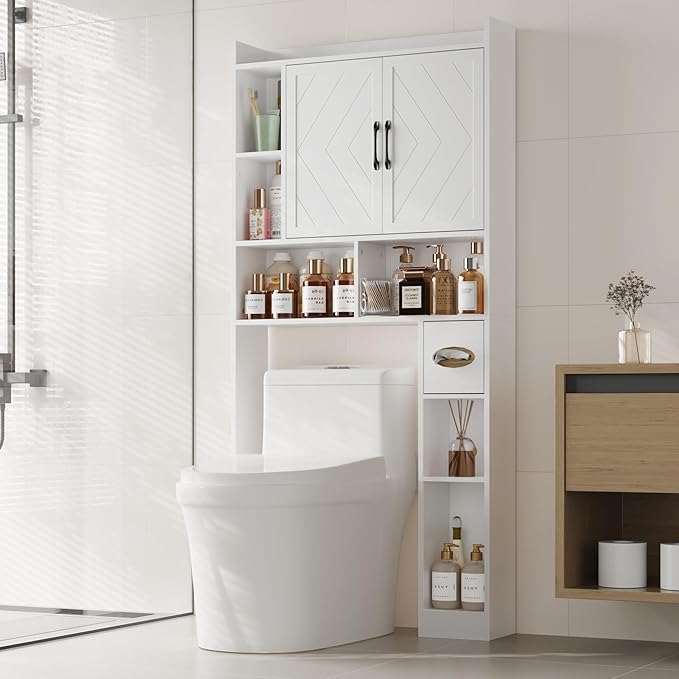 MHOM 67.8" H Over The Toilet Storage Cabinet with Adjustable Shelves & Toilet Paper Holder, Farmhouse Over Toilet Bathroom Organizer, Double Door Toilet Cabinet for Bathroom, and Laundry, White
