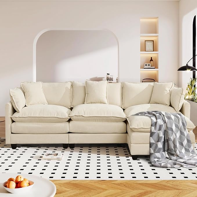 SoarFlash 113.78" Chenille Sectional Sofa, Comfy L Shaped Modular Coush Sofa with Ottoman, Modern 4 Seat Couch Deep Seat Sofa Set for Living Room,Beige