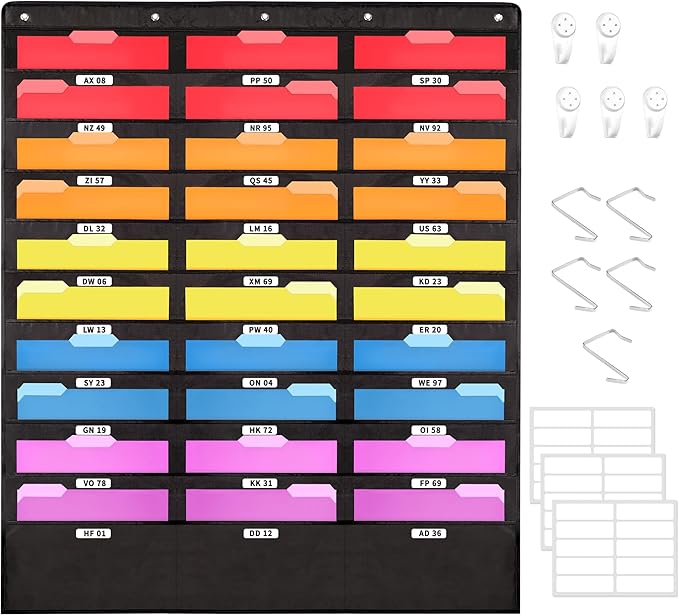 Annecy 30 Pockets Classroom Mailbox, Hanging Wall File Organizer, Black Storage Pocket Chart for Folder and Paper, Space Saver, Come with Wall Hangers, Over The Door Hooks, Labels