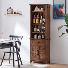 72in Tall Bookshelf 7 Tier Bookcase with Drawer and Barn Doors and Adjustable Shelves, Brown Farmhouse Book Shelf with Storage Cabinet, Wood Freestanding Display Bookshelves for Kitchen