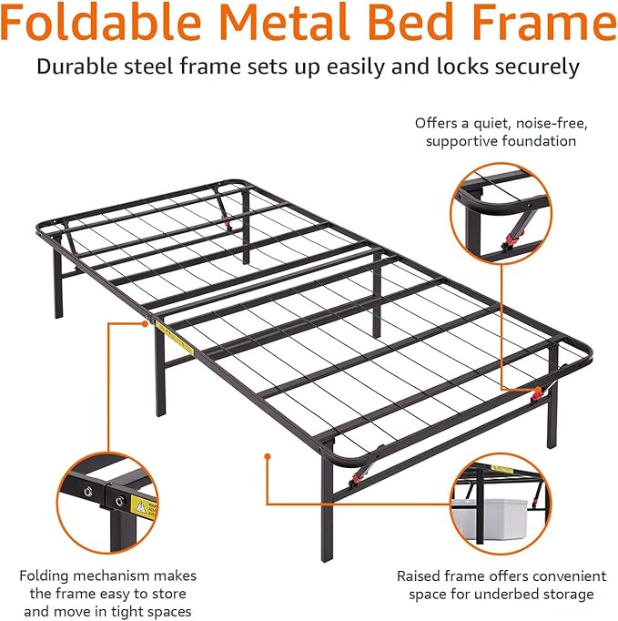Amazon Basics Bed Frame with Storage, Foldable Metal Platform, Sturdy Steel, No Box Spring Needed, 14-inch High, Tool-Free Setup, Twin Size, Black