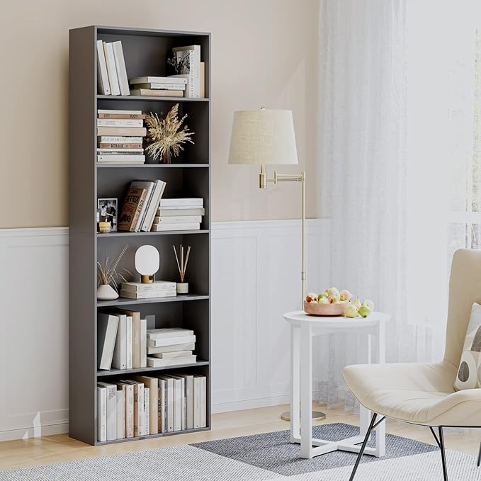 FOTOSOK 6-Tier Open Bookcase and Bookshelf, Freestanding Display Storage Shelves Tall Bookcase for Bedroom, Living Room and Office, Dark Gray