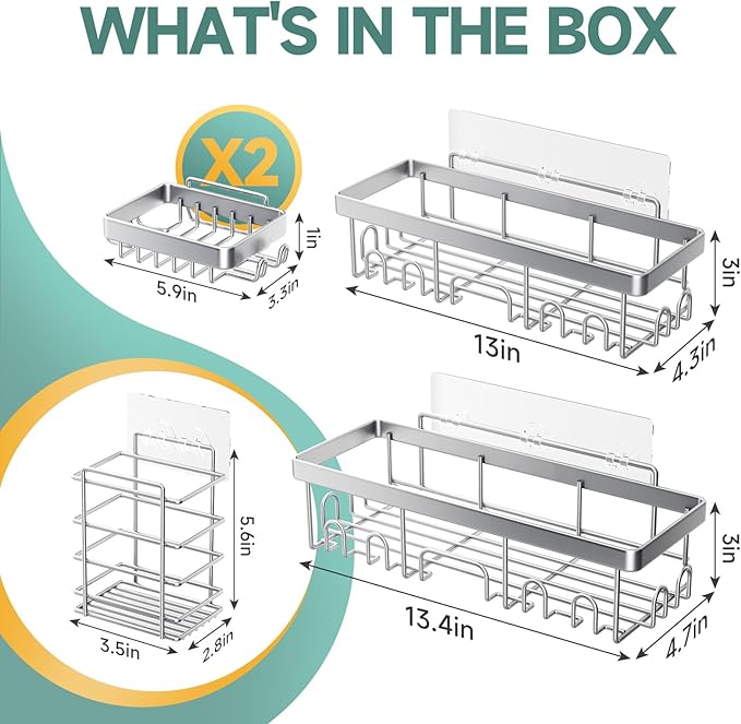 Veken Adhesive Shower Caddy 5-Pack,Heavy Weight Bearing,Large Wall Mounted Shower Shelves Rack,Organizer Storage Accessories with Soap Dish&Toothbrush Holder,Ideal for Bathroom,Home&Kitchen,Silver