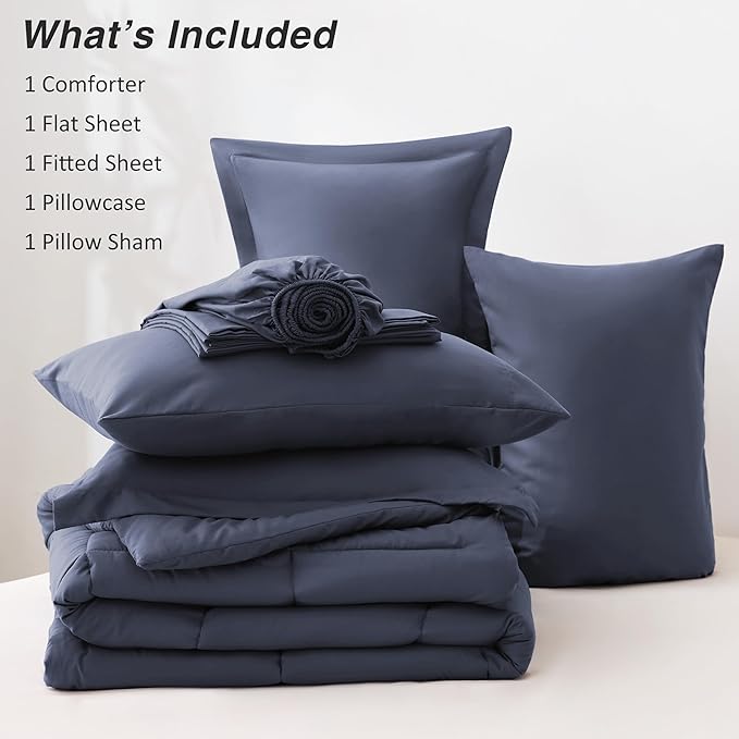 Love's cabin Twin Comforter Set Indigo Blue, 5 Pieces Twin Bed in a Bag, All Season Bedding Sets with 1 Comforter, 1 Flat Sheet, 1 Fitted Sheet, 1 Pillowcase and 1 Pillow Sham