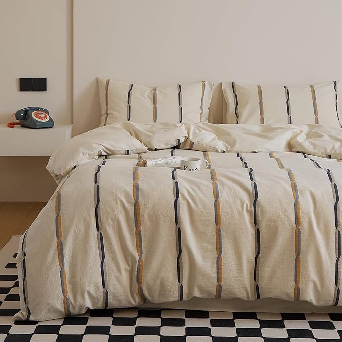 VM VOUGEMARKET Black Orange Striped Duvet Cover Set Yarn-Dyed Cotton Linen Like Textured Bedding Set Jacquard Stripes Duvet Cover with 2 Pillowcase-Queen,90"x90"