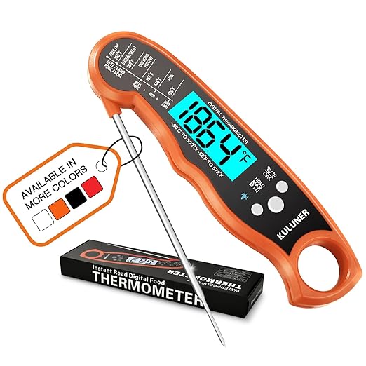 KULUNER TP-01 Waterproof Digital Instant Read Meat Thermometer with 4.6 Folding Probe Backlight Calibration Function for Cooking Food Candy, BBQ Grill, Liquids,Beef(Orange)