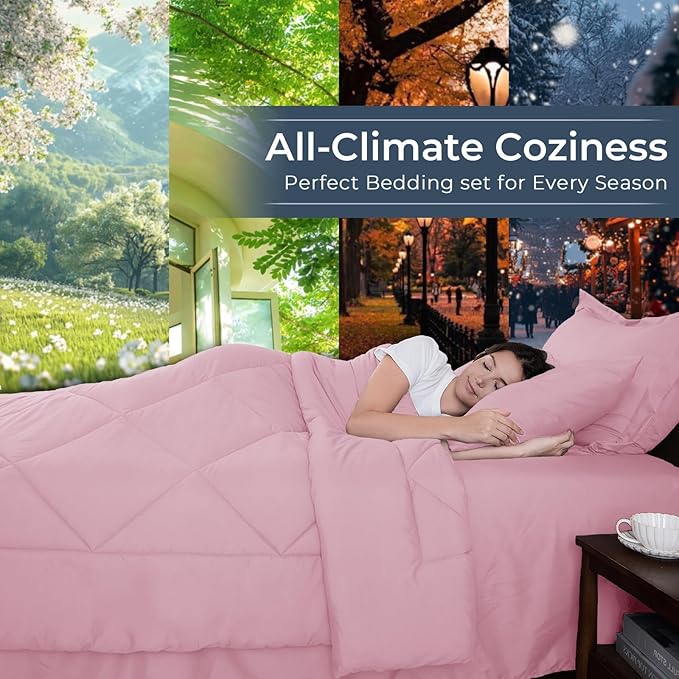 HEVUMYI Pink Twin Comforter Set - 5-Piece All Season Bed in a Bag Twin, Ultra Soft Bedding Set with Comforter, Flat Sheet, Fitted Sheet, Pillowcases, Pillow Shams, Pink