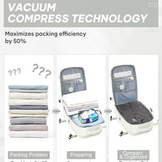 suwasp Vacuum Compression Backpack, 45L Expandable Travel Backpack with Electric Vacpack Pump, Travel Vacuum Bags with Shoe Compartment/17inch Laptop Compartment/USB Port, White