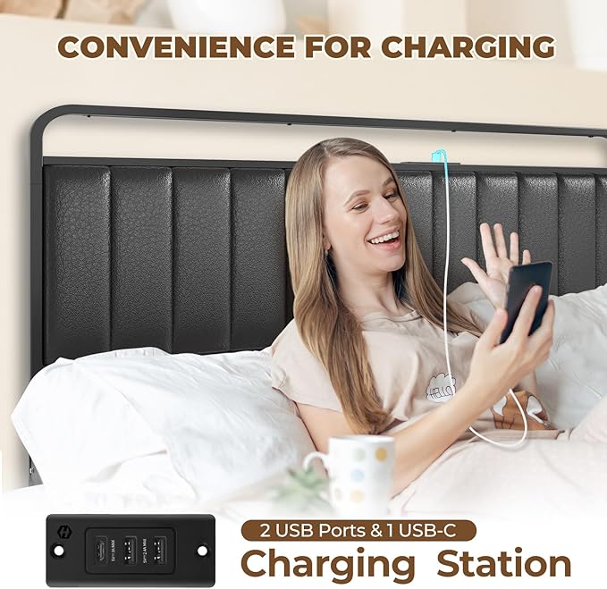 Rolanstar Twin Size Bed Frame with LED Light and Charging Station, Upholstered Headboard and Footboard, Metal Slat, Noise Free, Easy Assembly, Black