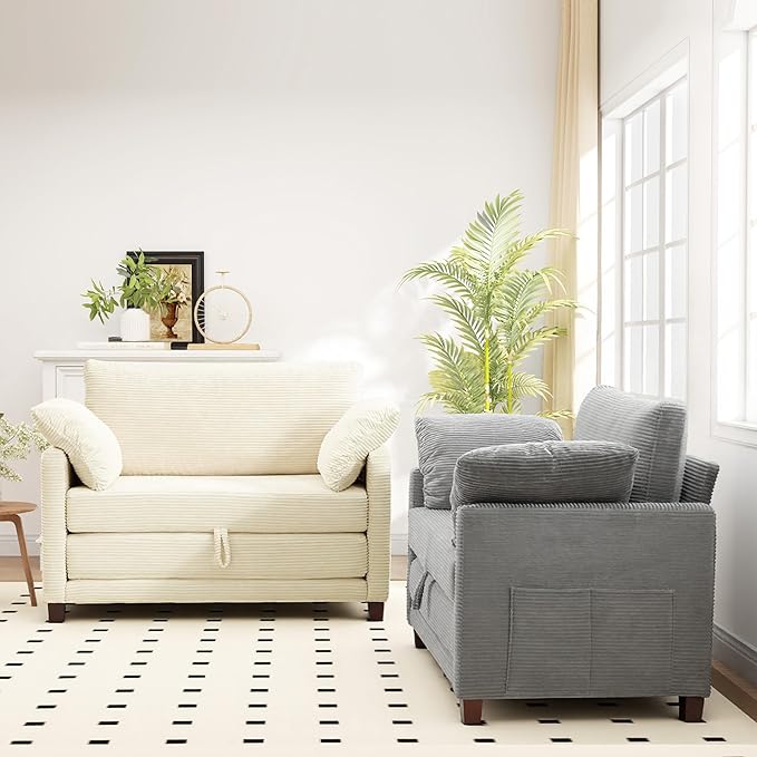 51" Convertible Loveseat Sofa Bed, 2-in-1 Folding Sofa Bed with 2 Pillow for Small Spaces, Modern Loveseat Sleeper Couch for Apartment, Living Room & Guest Room (Light Grey Corduroy, 51 inch)