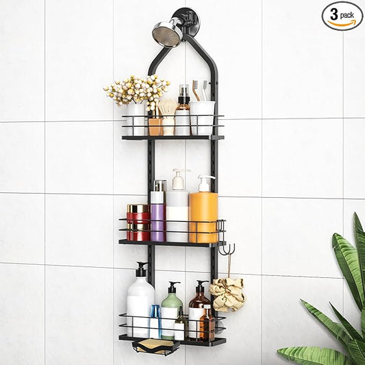 Shower Caddy Hanging (Black), Adjustable Anti-Swing-Over The Shower Head Caddy, 3 Tier Height Bathroom Storage Organizer, Bathroom Shelves Basket Rack, Shower Caddies Rack with Adjustable Soap Basket